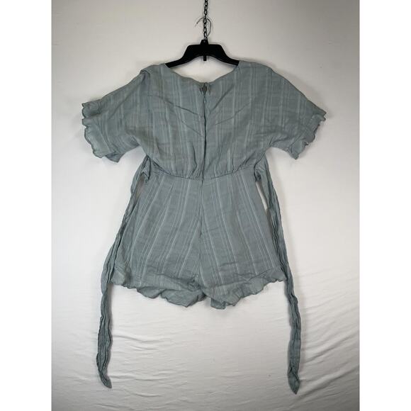 Pink Lily Romper Womens Medium Green Striped Gauze Short Sleeve Tie Waist Ruffle - Picture 2 of 6